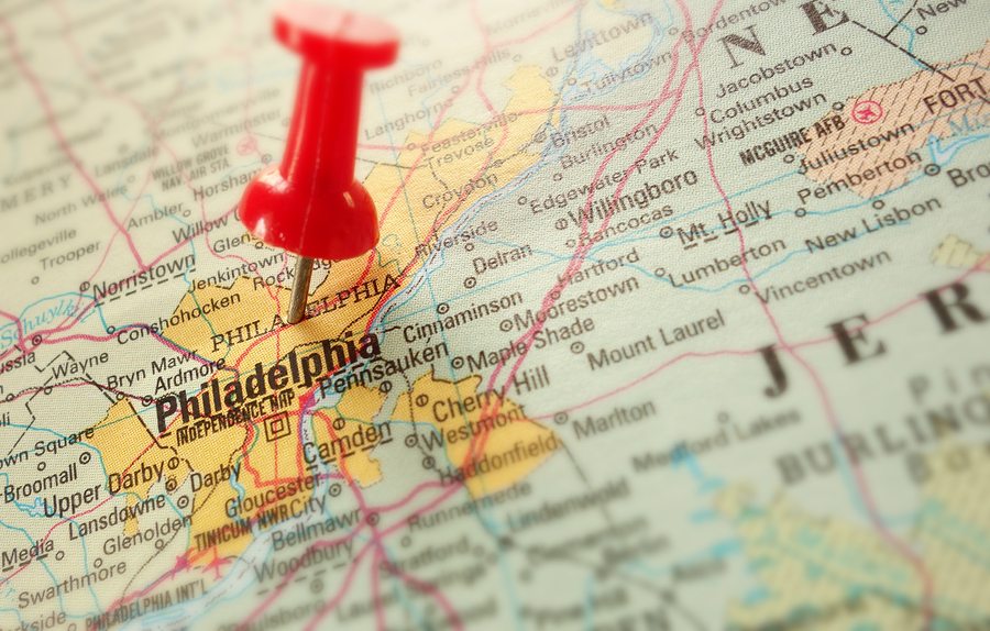 map of philadelphia with push pin