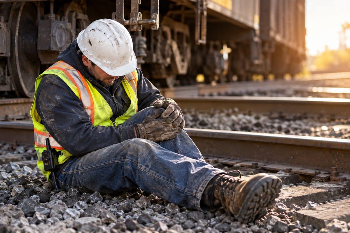 Injured railroad worker in a hard hat and safety vest holding his knee beside the tracks in a rail yard