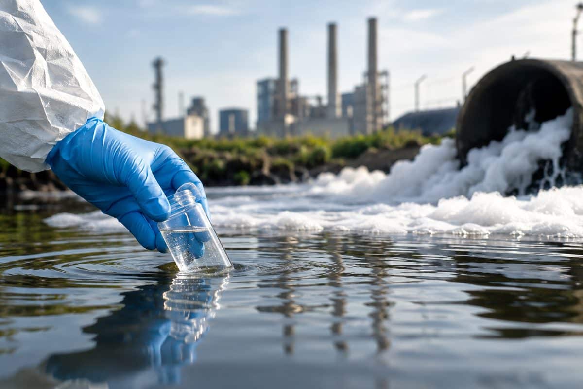 Gloved hand collecting a water sample near a foaming industrial discharge pipe to test for PFAS forever chemicals