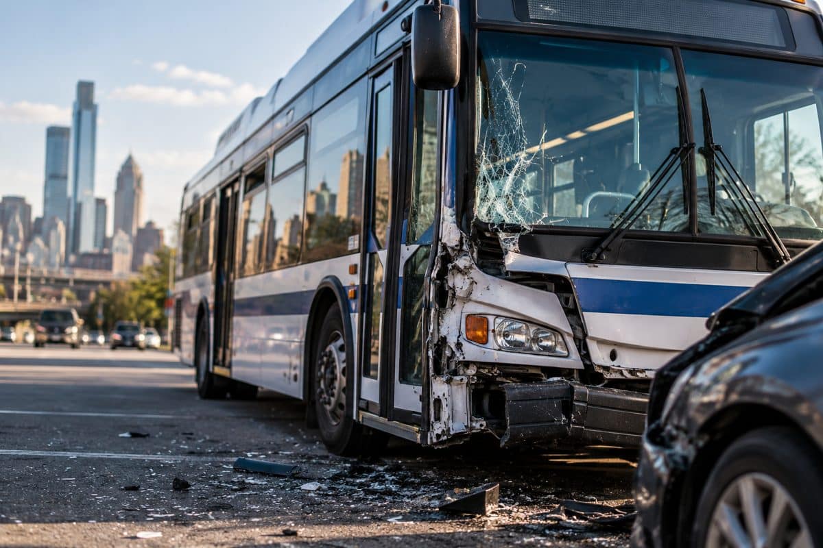 Damaged city bus with a shattered windshield after a collision with a car on a Philadelphia street